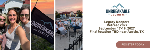 Collage showing photos of a group retreat with the Unbreakable Journeys logo, event name, dates, location, and a Register Today button.