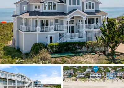 A collage showing a three-story gray beach house, a pool with lounge chairs, and an aerial view of the house situated on a dune overlooking the ocean.
