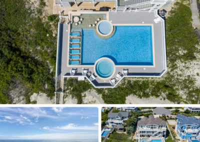 A three-part aerial and eye-level view of a multi-story beach house with a swimming pool and private boardwalk access to the ocean.