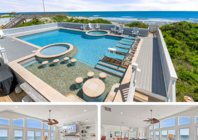 A collage showing an oceanfront swimming pool with built-in bar stools and lounge chairs, alongside two views of a bright living room with a blue sectional sofa and floor-to-ceiling windows overlooking the beach.