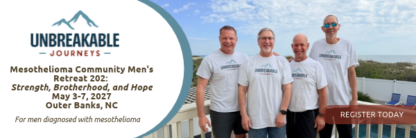 Four men wearing Unbreakable Journeys t-shirts stand on a deck overlooking the ocean, promoting the Mesothelioma Community Mens Retreat in Outer Banks, NC, from May 3-7, 2027.